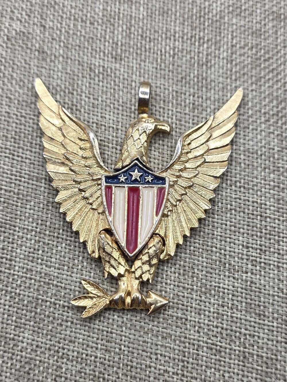 Vintage Gold Eagle Shield Articulated Pendant with Red, White & Blue Enamel
